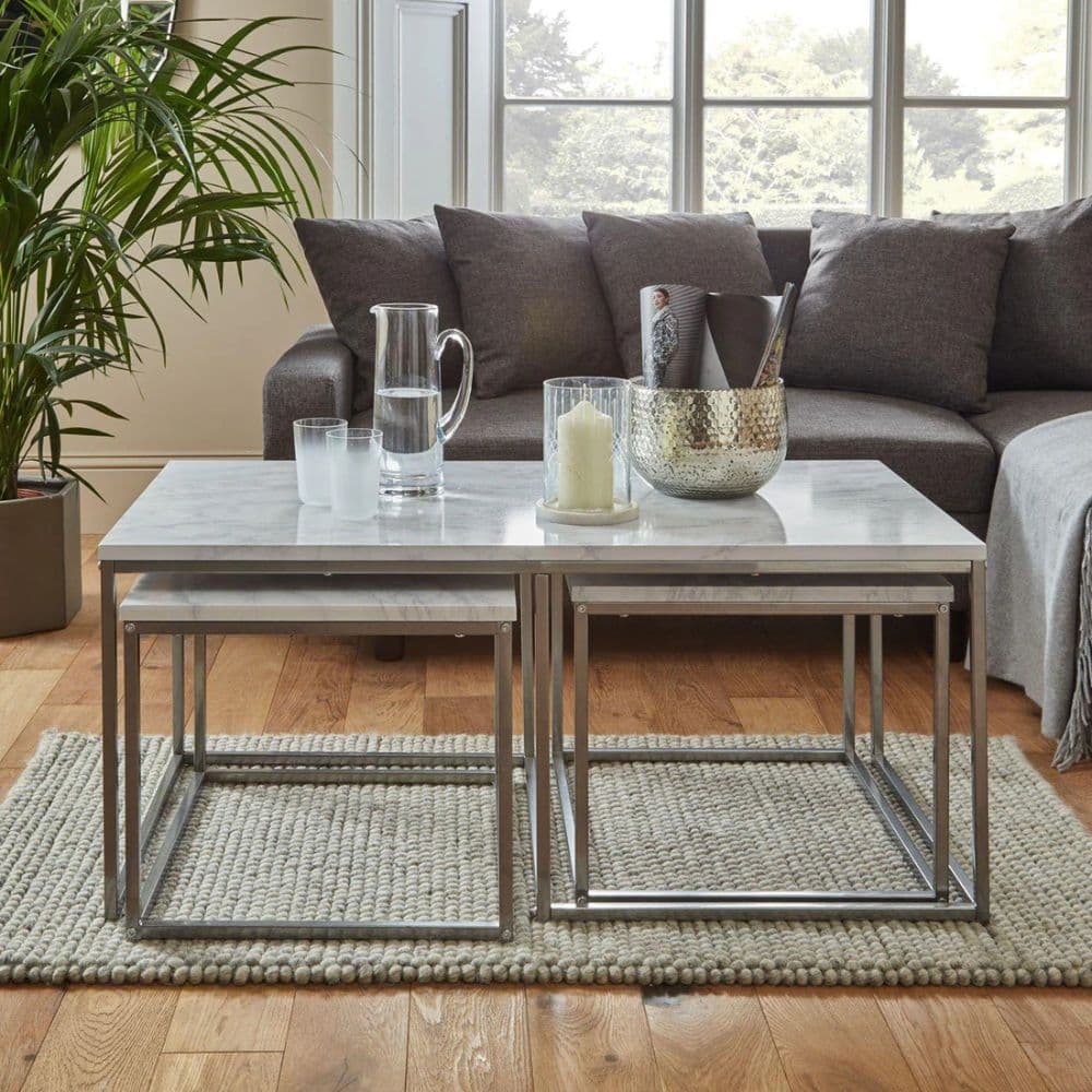 Marble Effect Coffee Table Set in Chrome Frame by Furnhands