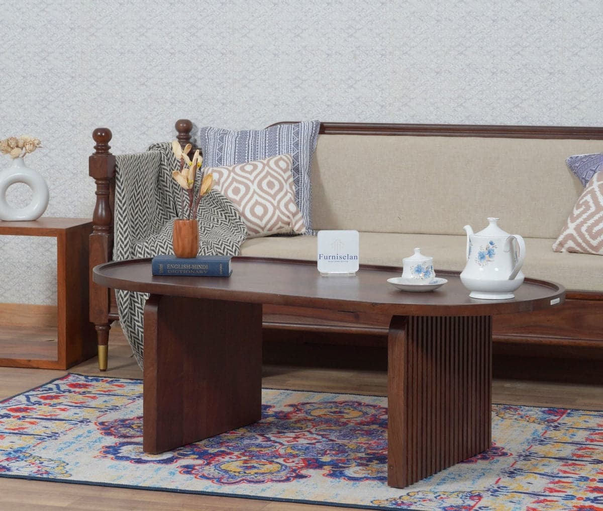 Columbia Solid Wood Oval Coffee Table - (Teak Finish) by Furniselan