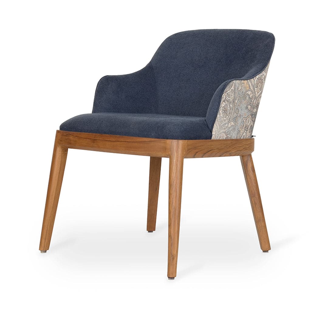 Ozlu - Teak Dining Chair, Blue White Fabric by Alankaram