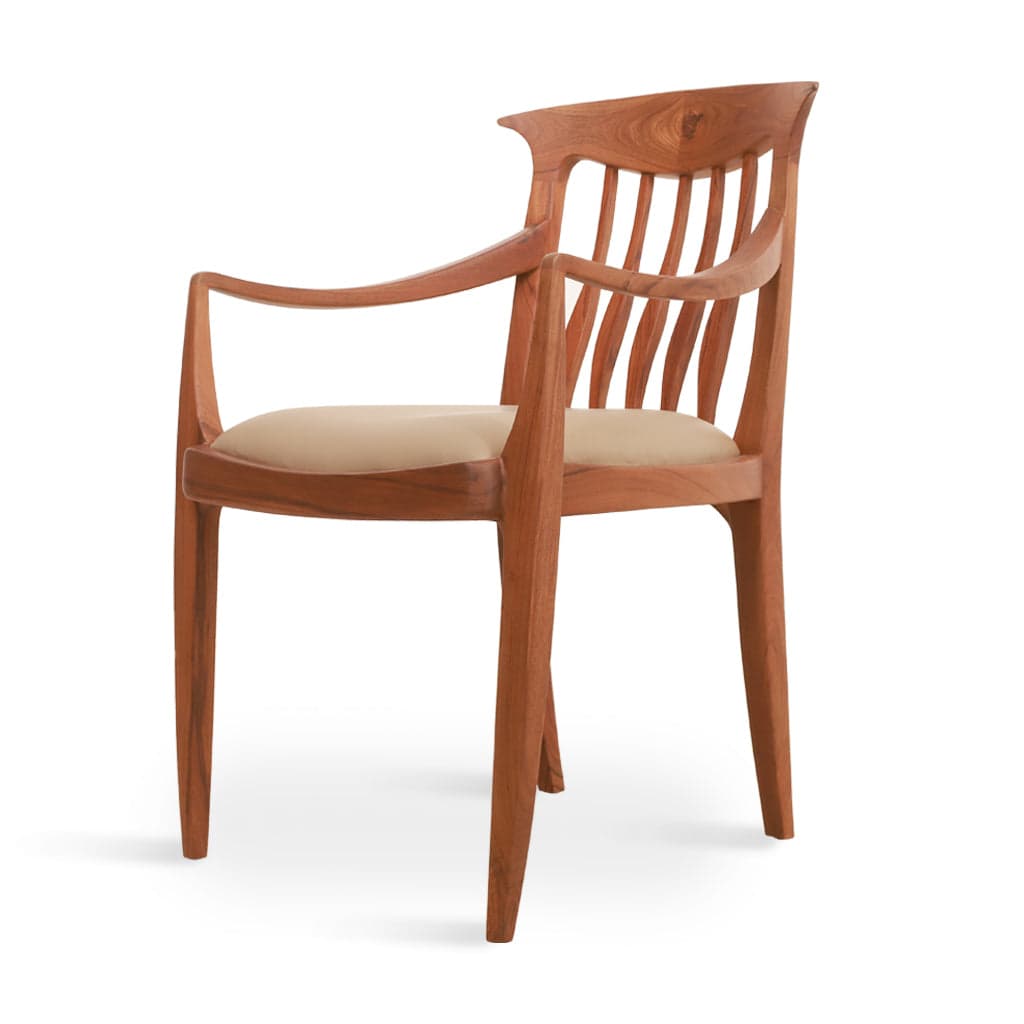 Avara - Teak Dining Chair, Vanilla Color Fabric by Alankaram