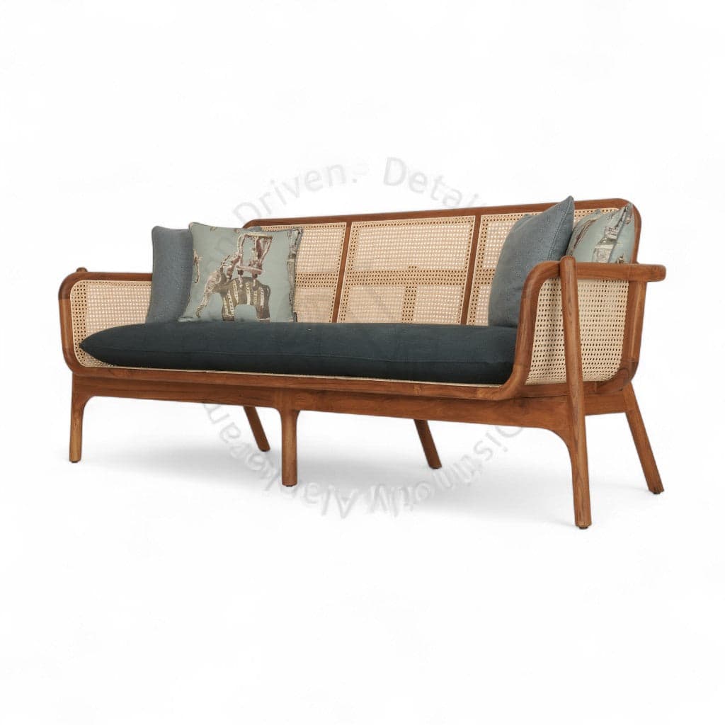 Bango - Three Seater Teak Sofa, Blue Upholstery by Alankaram