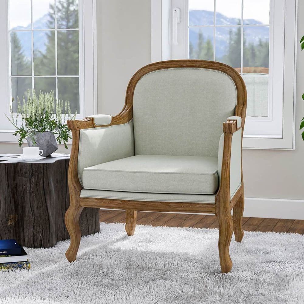 Teak Luxe Upholstered Accent Chair – Premium Solid Wood Chair by Furnhands by Furnhands