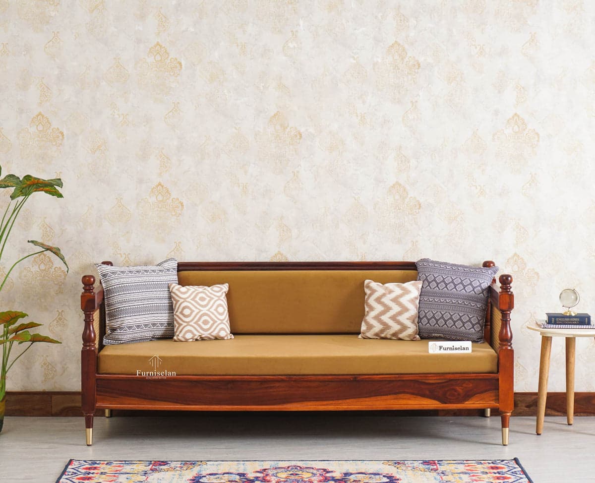 Boston Sheesham Wood Rattan Cane Three Seater sofa - (Maple Finish) by Furniselan