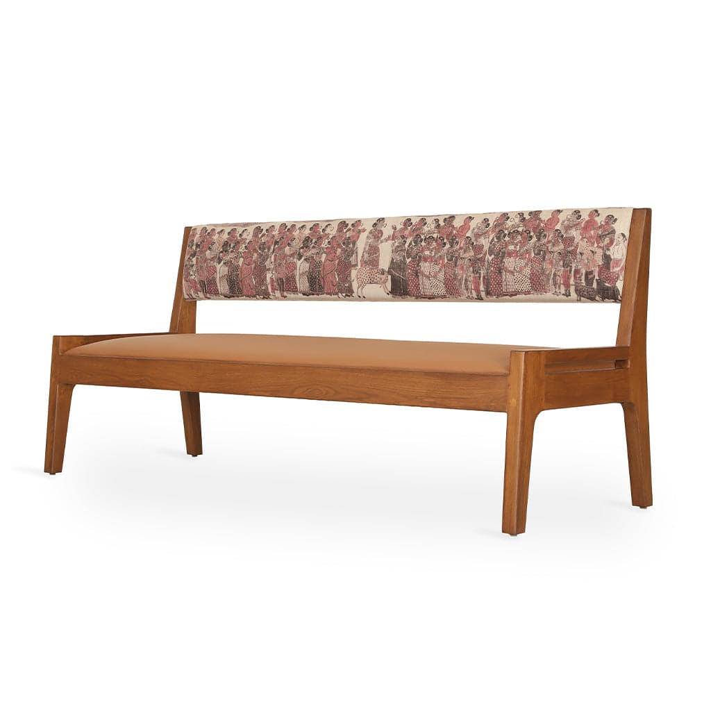 Akari - Three Seater Teak Sofa, Tan Leather, Red Printed Fabric by Alankaram