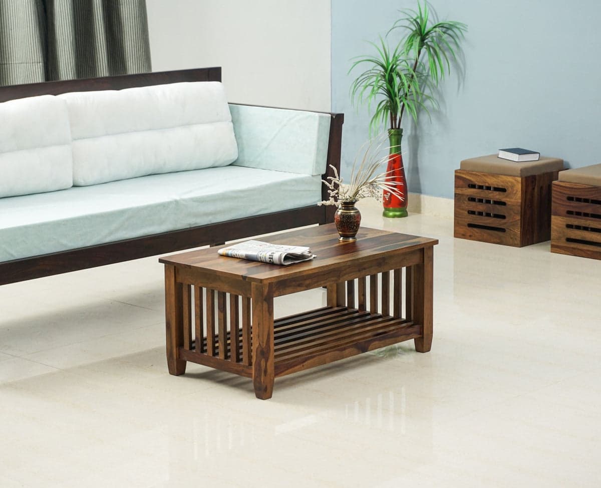 Kochi Solid Wood Coffee Table with shelves - (Teak Finish) by Furniselan