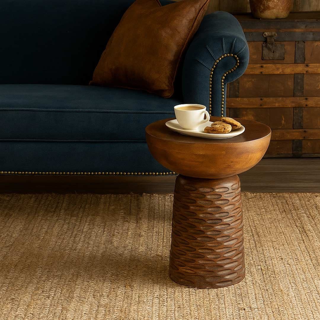 Gravilo Hand-Carved Mango Wood Pedestal Side Table| Rustic Accent End Table- Wooden Slice by Wooden Slice