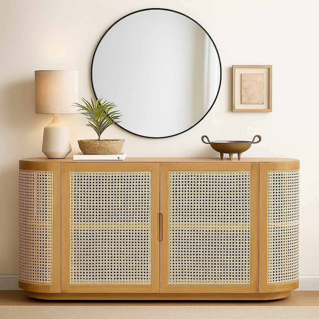 Grivano Handcarved Console Table in Solid Sheesham Wood with Cane Detailing by Wooden Slice