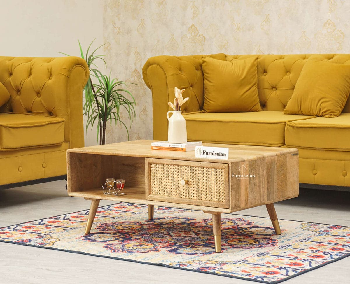 Boston Solid Wood Rattan Cane One Drawer Coffee Table - (Natural Finish) by Furniselan