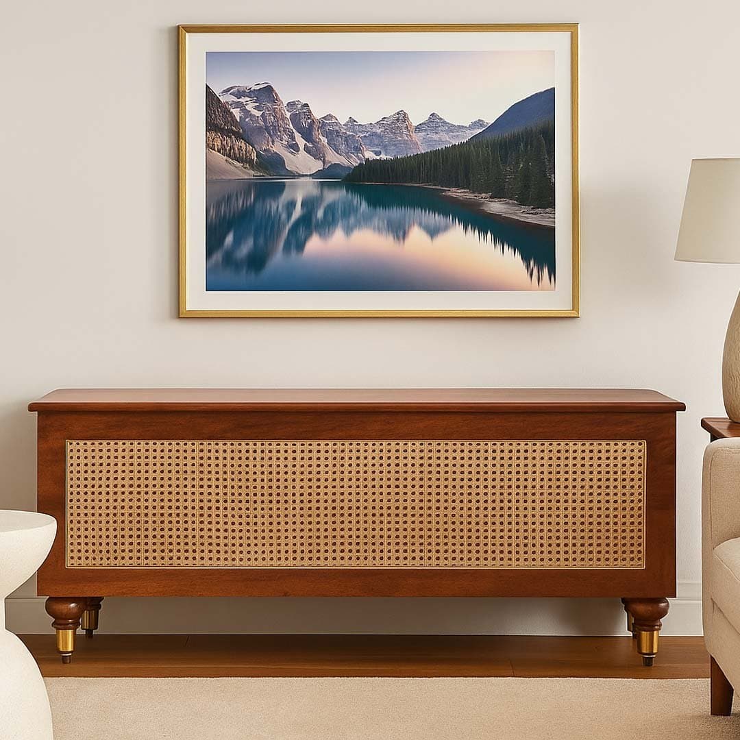 Aaramika Handcrafted Sheesham Wood & Cane Storage Ottoman | Bench with Rattan Weave Accent- Wooden Slice by Wooden Slice
