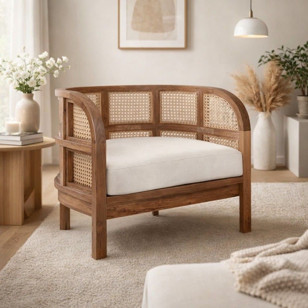 Lunaro Solid Sheesham Wood Rattan Accent Chair with Handwoven Cane- Wooden Slice by Wooden Slice