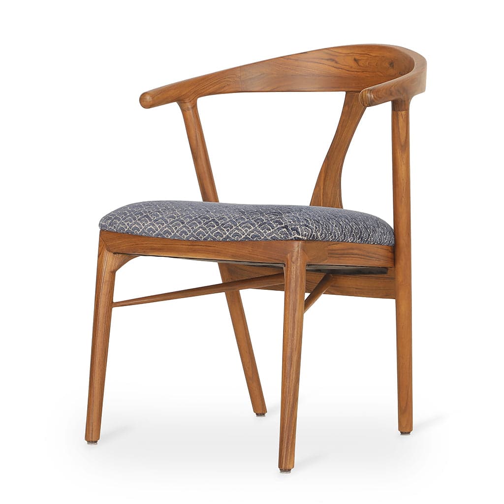 Ploot - Teak Dining Chair, Upholstered Seat, Blue Printed Fabric by Alankaram
