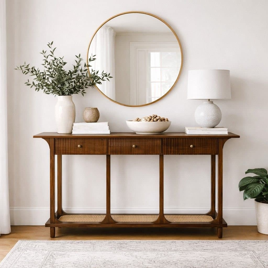 EdgeFlute Solid Wood Fluted Console Table with Cane Shelf in Walnut Finish- Wooden Slice by Wooden Slice
