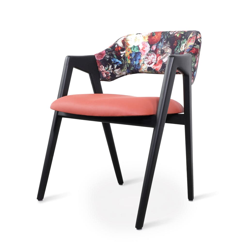 Ikkita - Ash/Oak/Beech Dining Chair, Stained, Orange Leatherette, Printed Fabric by Alankaram