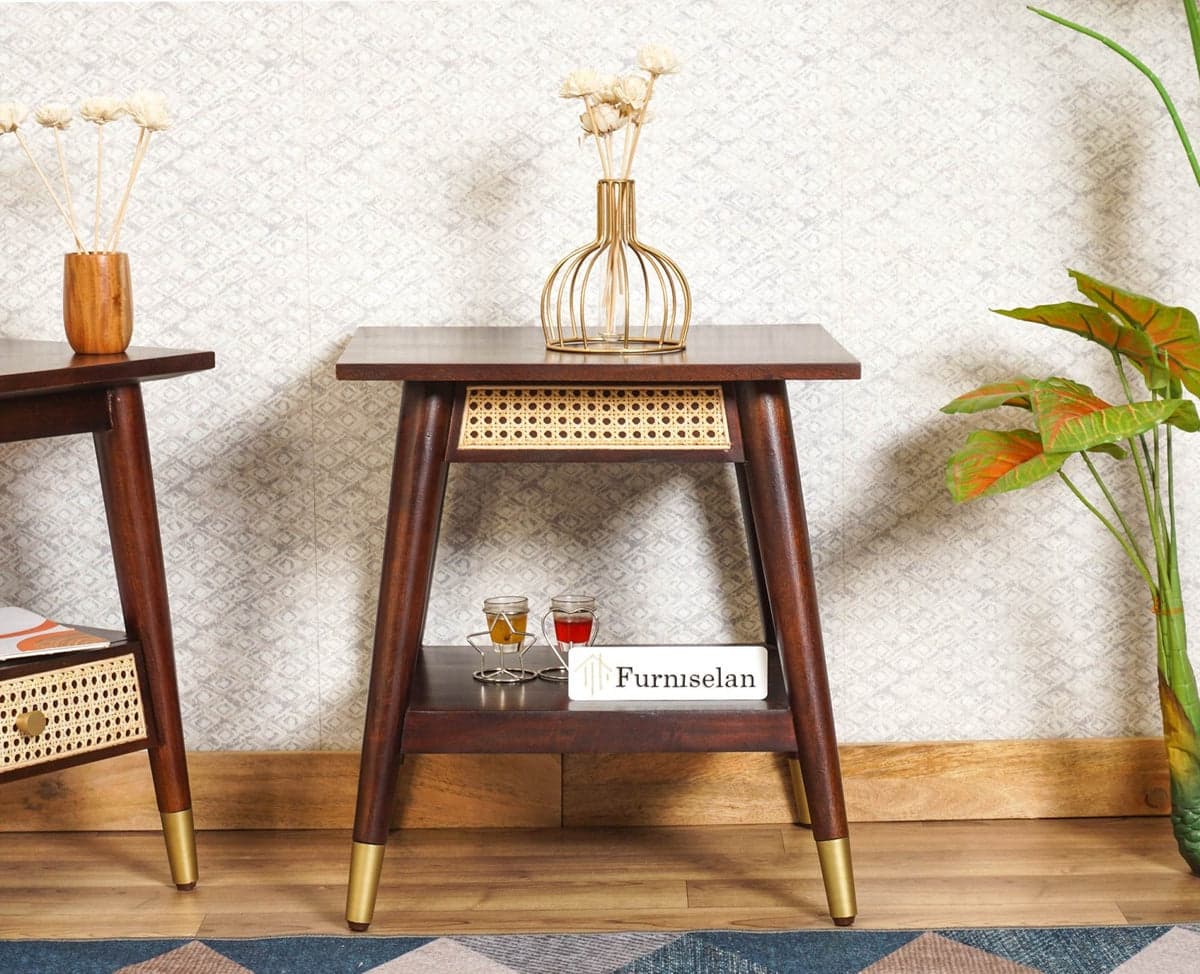 Boston Solid Wood Rattan Cane End Table - (Grey Finish) by Furniselan