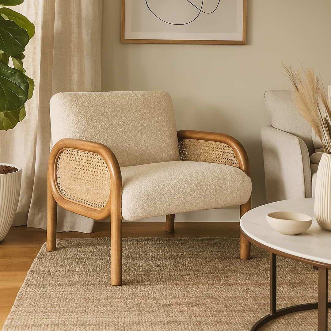 Ambrest Handcrafted Sheesham Wood Armchair | Natural Cane & Boucle Lounge Chair – Wooden Slice by Wooden Slice