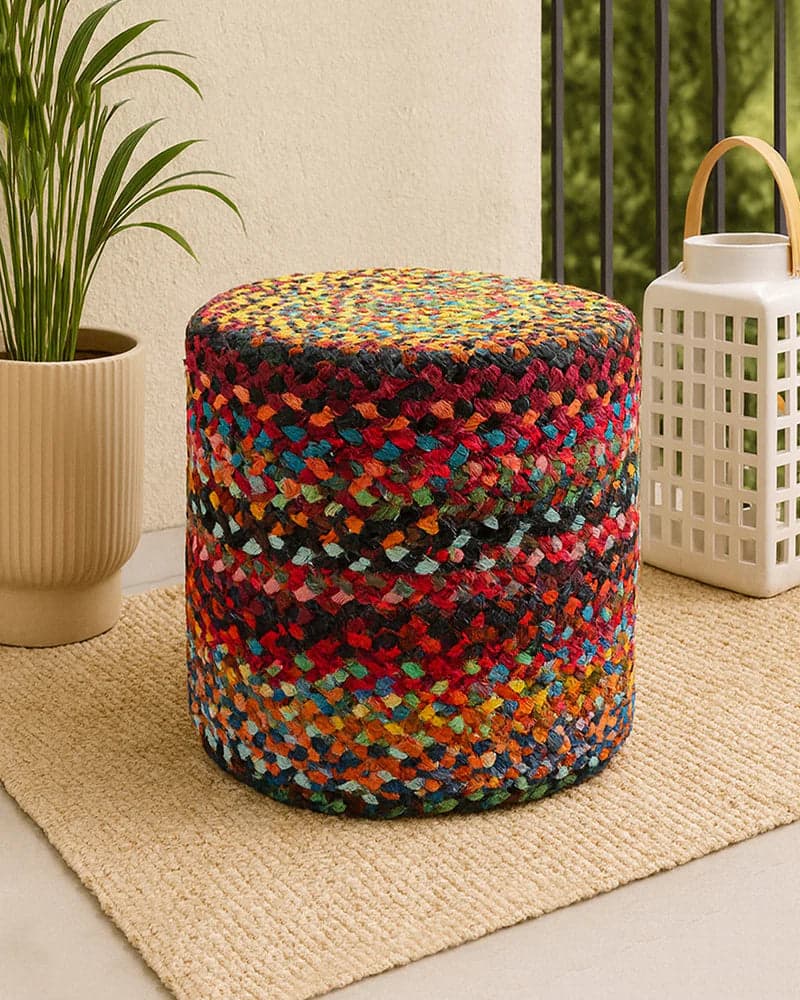 Handwoven Jute Round Pouffe in Multicolor for Living Room - Large by Haber India