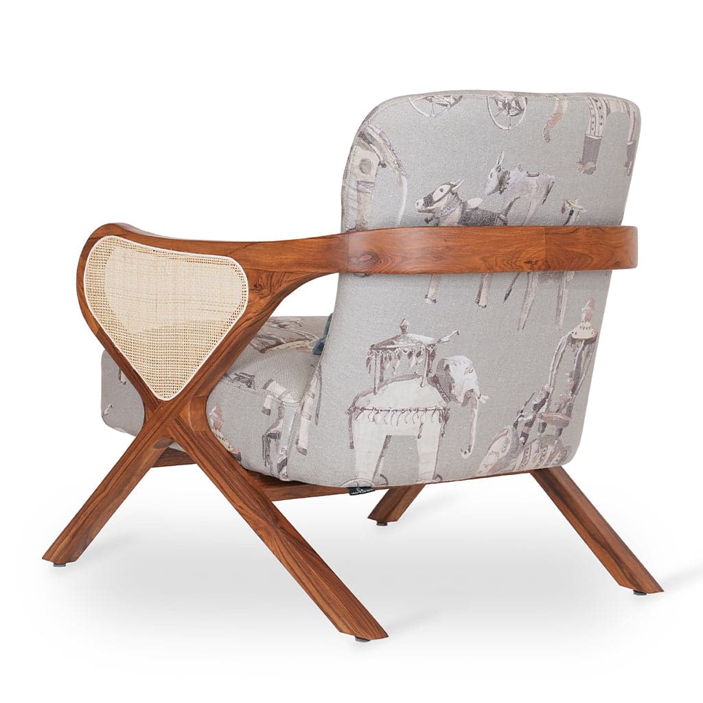 Patahi - Teak Lounge Chair, rattan Armrest, Cream Printed Fabric by Alankaram