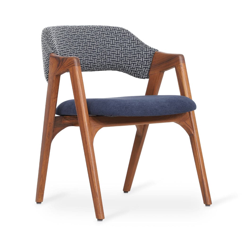 Ikkita - Teak Dining Chair, Blue Printed Fabric 2 by Alankaram