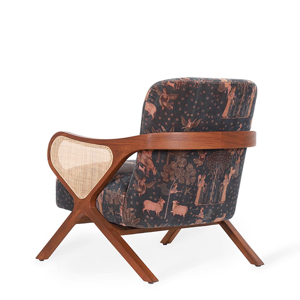 Patahi - Teak Lounge Chair, rattan Armrest, Black Printed by Alankaram