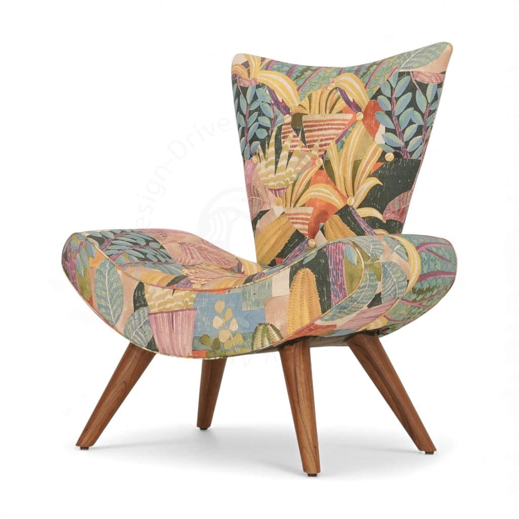 Papaki -Teak Lounge Chair, Multicolor Print Fabric by Alankaram