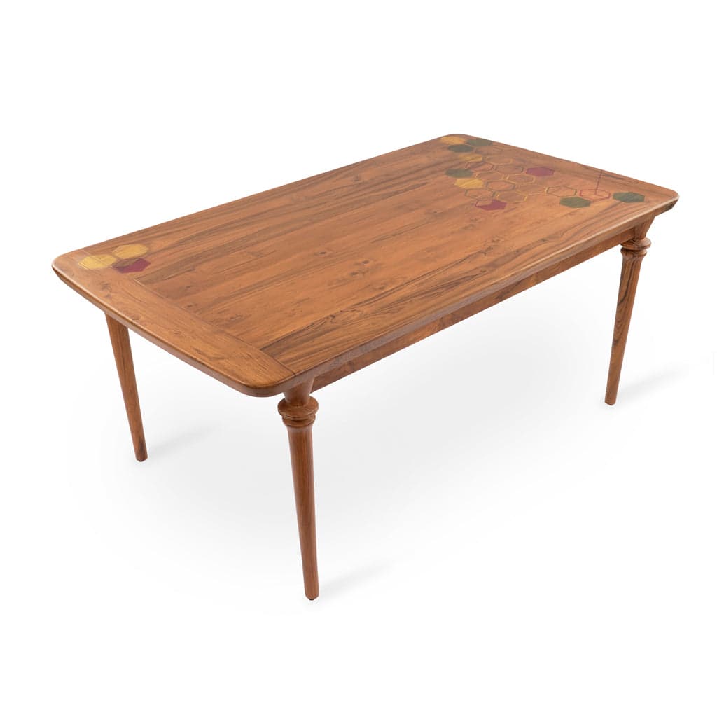 Piki - Teakwood Dining Table with Hexagonal Artwork by Alankaram