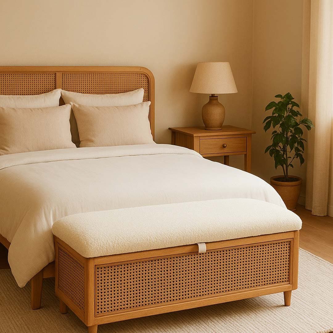 Canora Handcrafted Mango Wood & Cane Storage Ottoman | Upholstered Bench- Wooden Slice by Wooden Slice