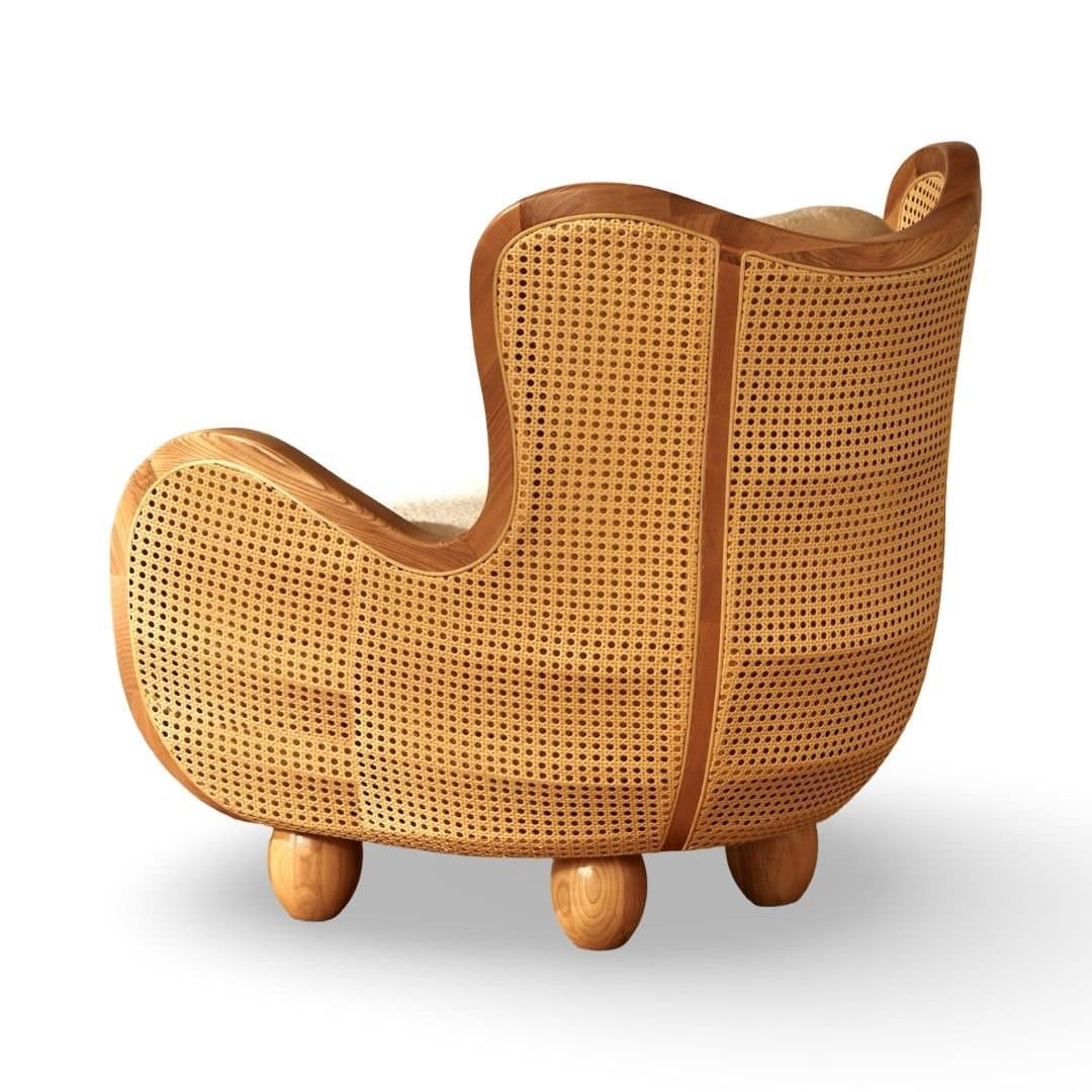 Aurelia Solid Wooden Rattan Lounge Chair | Bouclé Armchair- Wooden Slice by Wooden Slice