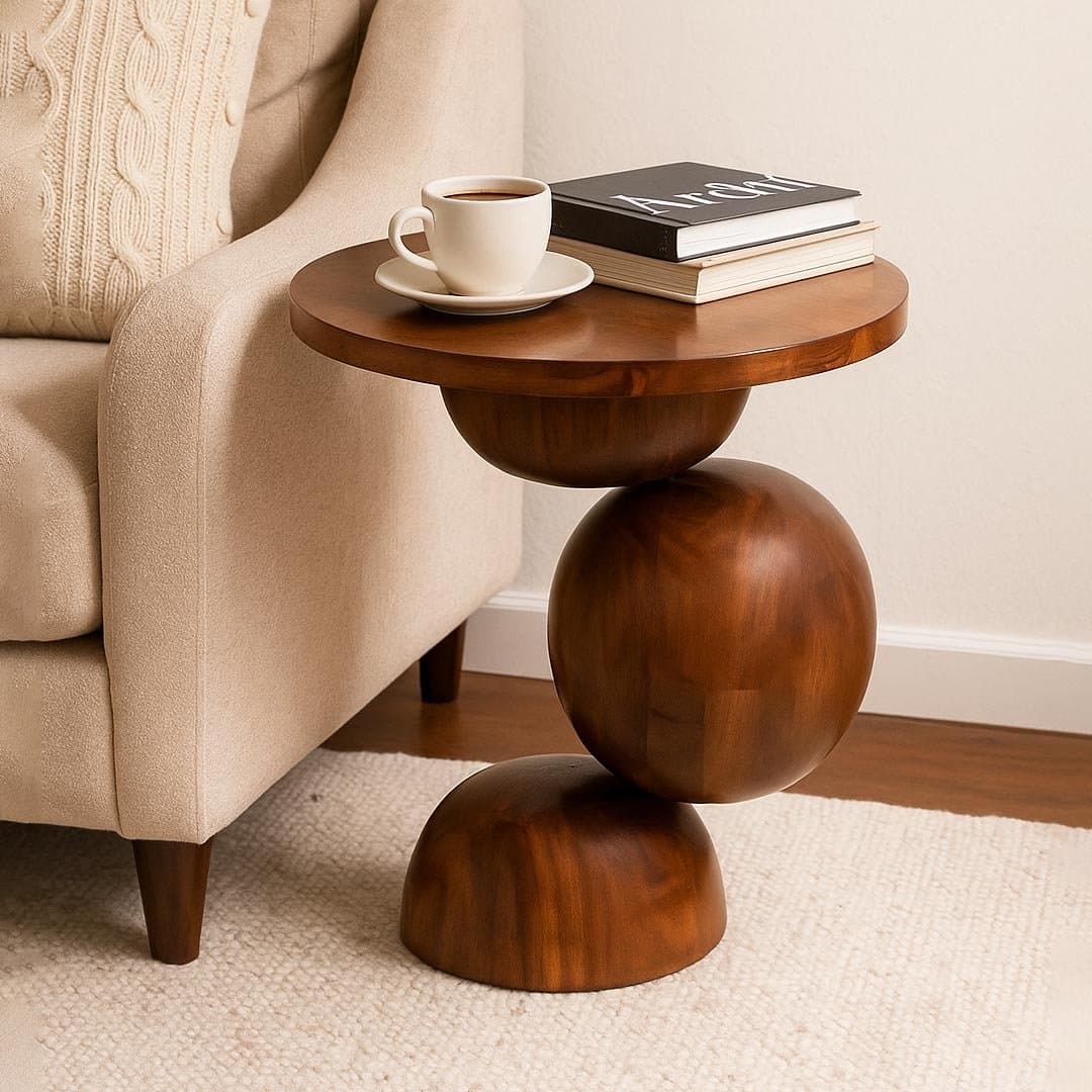 Plinto Wooden Sphere Side Table | Sculptural Sheesham End Table by Wooden Slice