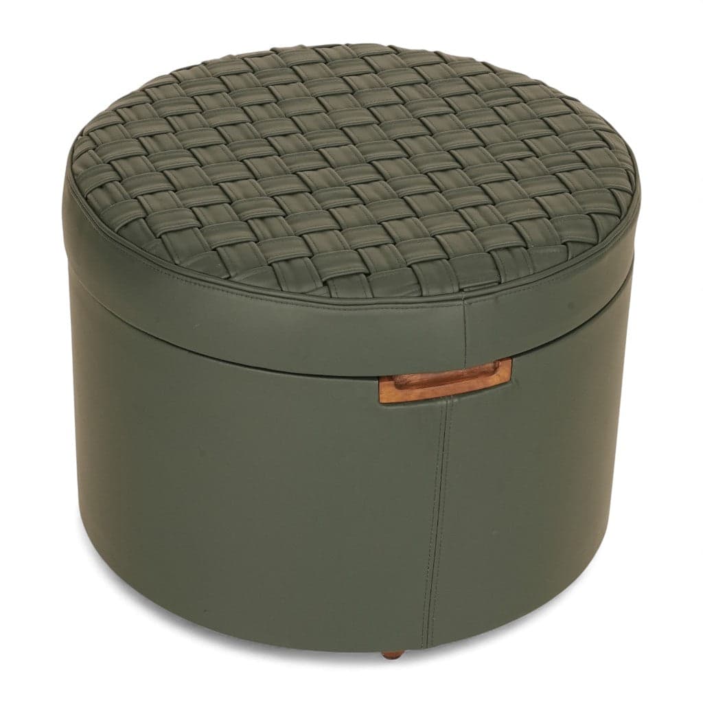 Dold - Teakwood Ottoman with Green leatherette by Alankaram