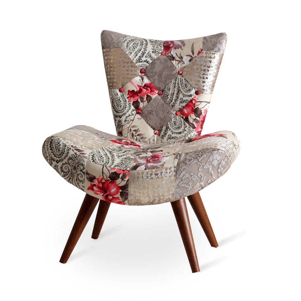 Papaki - Teak- Stained Lounge Chair, Multicolor Print Fabric by Alankaram