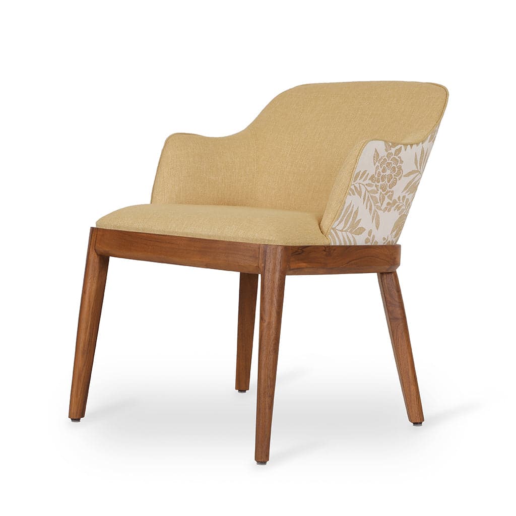Ozlu - Teak Dining Chair, Buttery Yellow, Printed Fabric by Alankaram