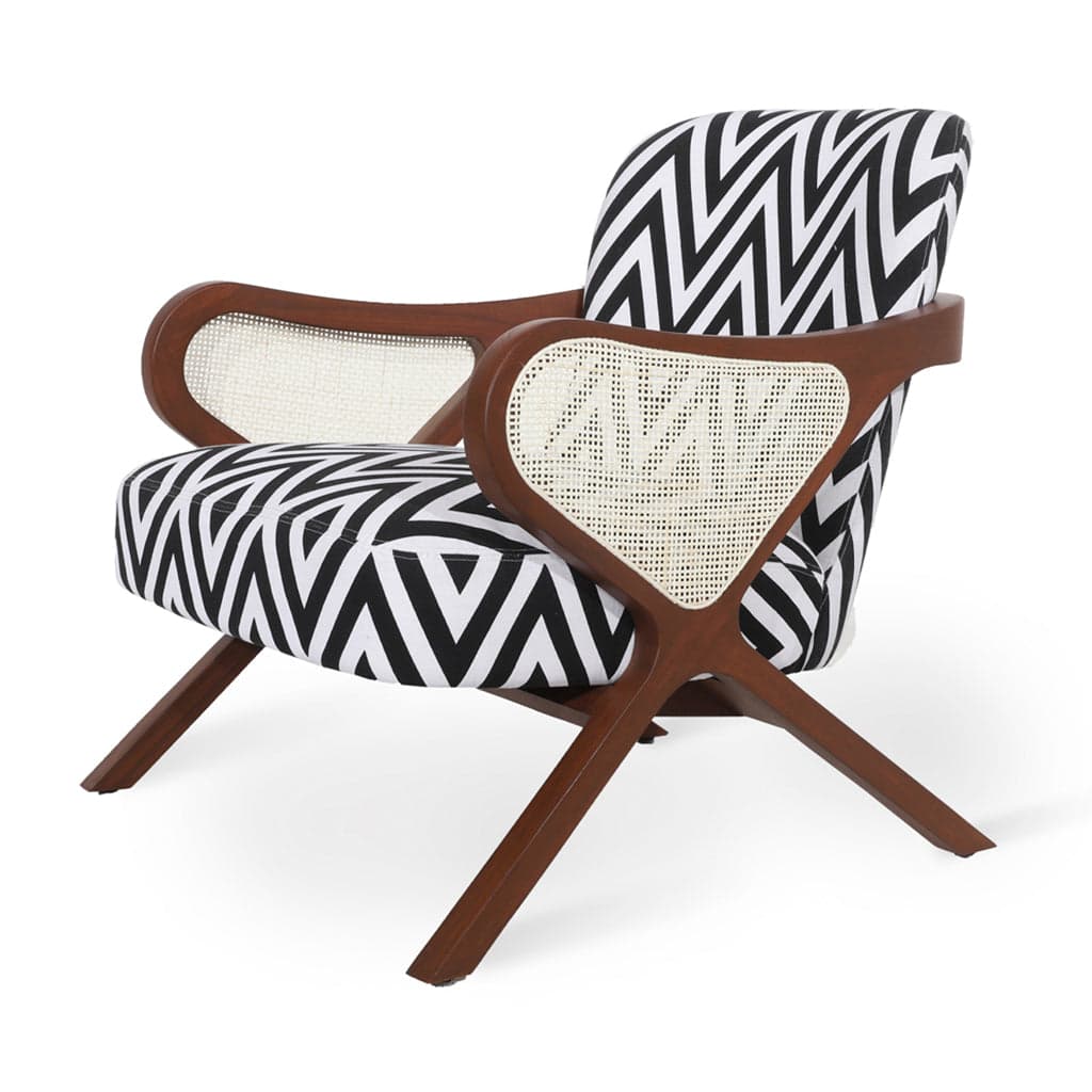 Patahi -Teak Lounge Chair, rattan Armrest, Black Printed Fabric by Alankaram