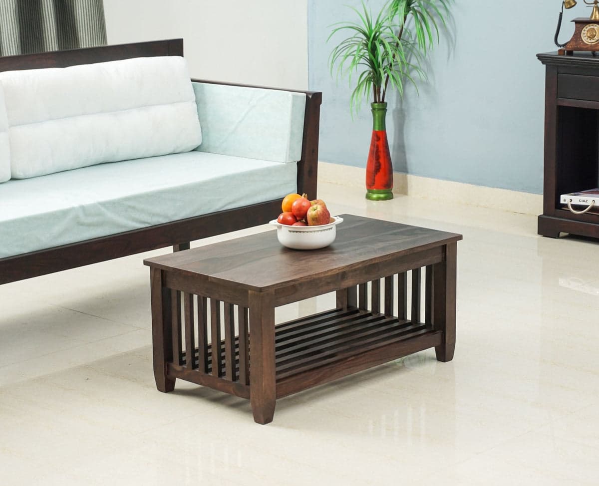 Kochi Solid Wood Coffee Table with shelves - (Grey Finish) by Furniselan