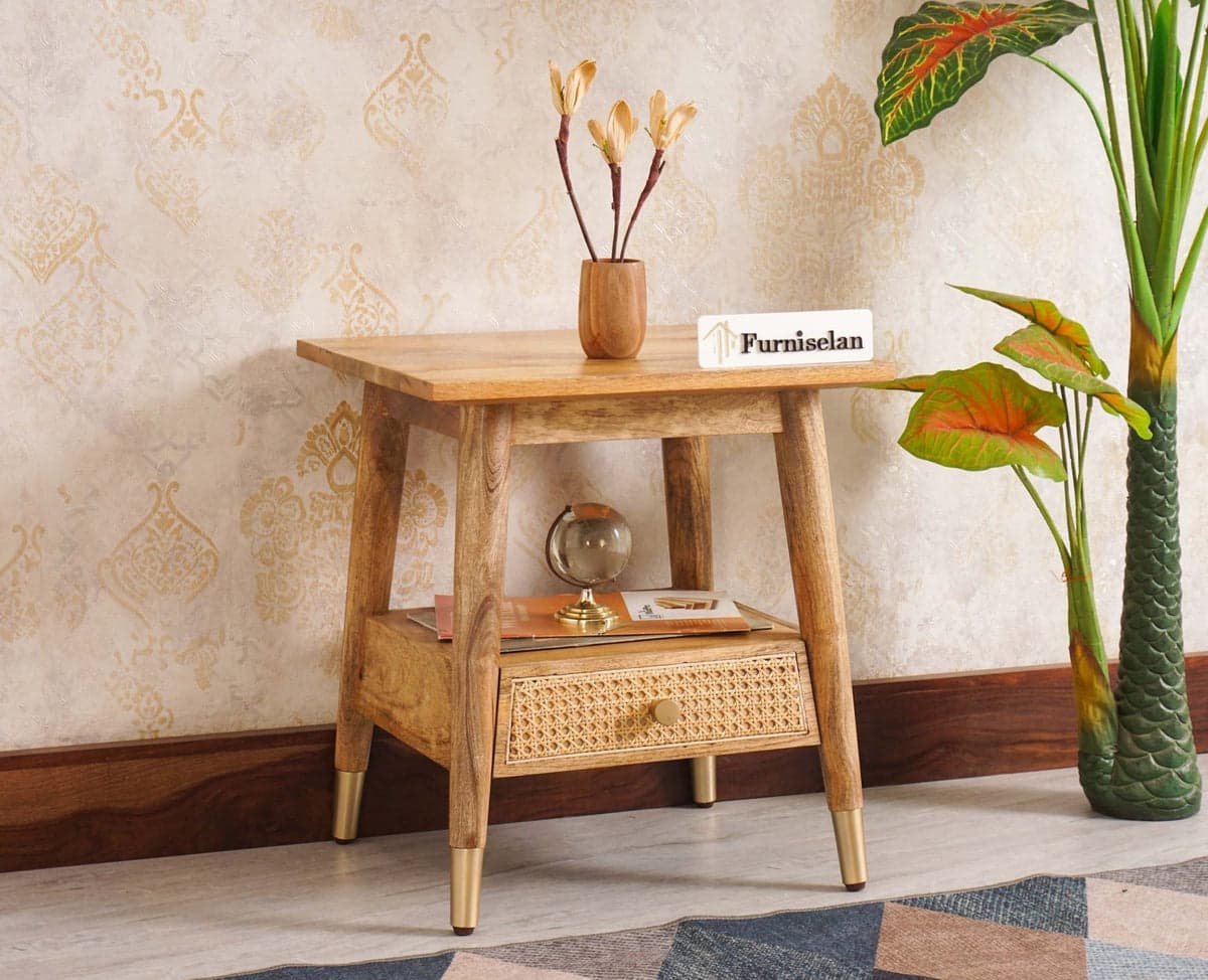 Boston solid wood rattan side table with one drawer - (Natural Finish) by Furniselan