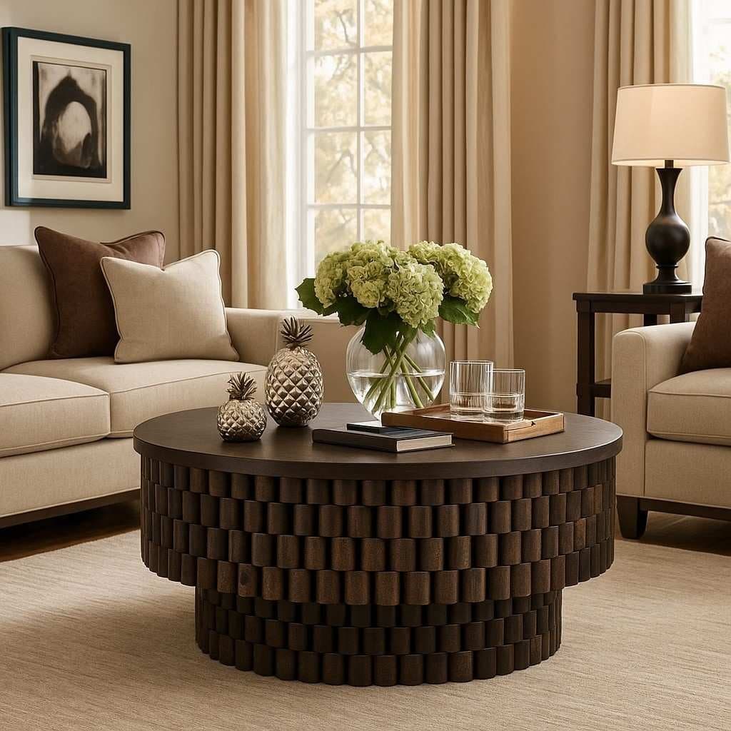 Kavaro Handcarved Coffee Table – Solid Sheesham Wood Round Centre Table by Wooden Slice