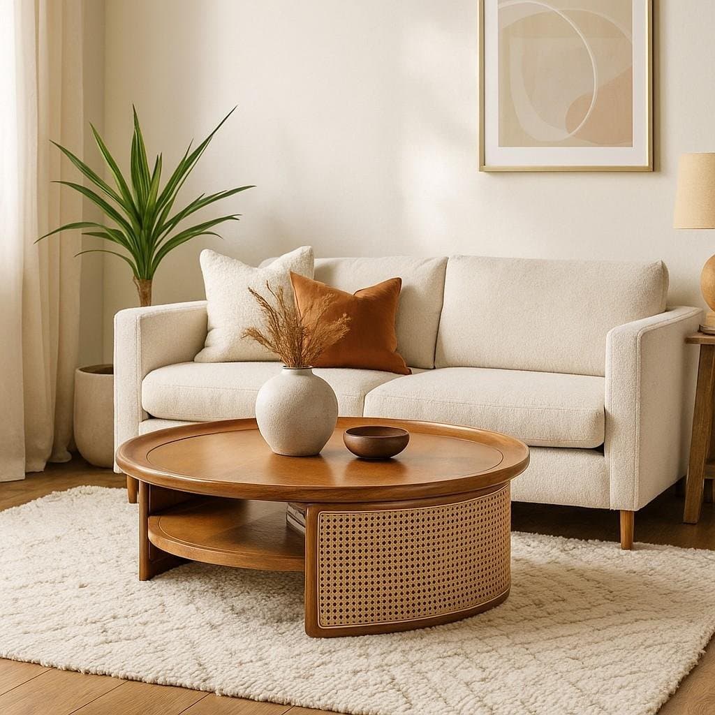 Cafra Handcrafted Mango Wood & Cane Round Coffee Table | Bohemian Center Table- Wooden Slice by Wooden Slice